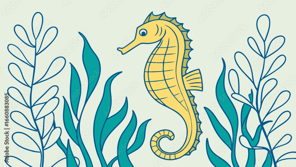 Obraz premium Seahorse swimming among seaweed underwater.