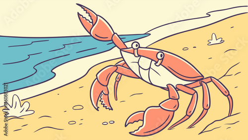 A cartoon crab on the beach.