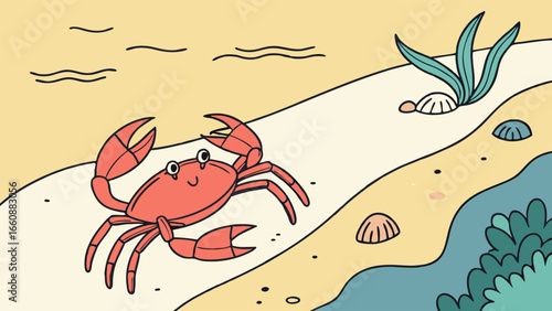 A cartoon crab on the beach sand.