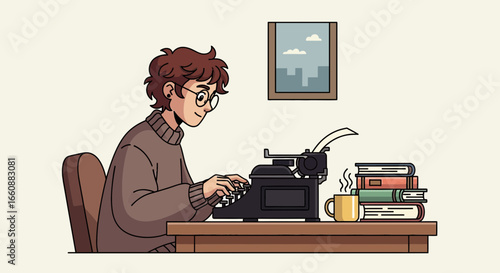 Illustration of a young person with glasses typing on a vintage typewriter beside a stack of books and a cup of coffee.