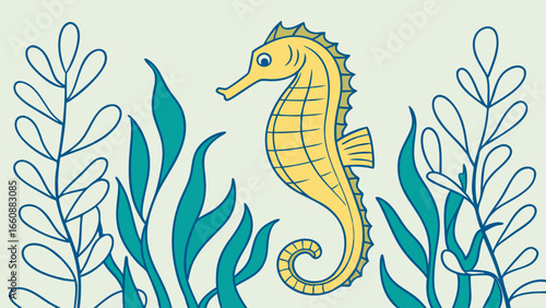 Seahorse swimming among seaweed underwater.