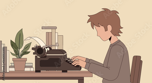 A young person sits at a desk, diligently typing on a vintage typewriter, surrounded by books and plants, in a simple, pastel-toned setting.