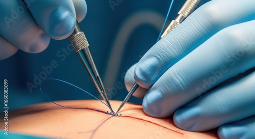 Surgical Stitching: Close-up of Surgeon Suturing a Wound with Blue Thread