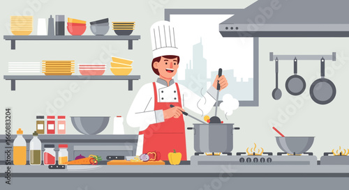 A chef wearing a white uniform and red apron stirs ingredients in a pot on a stove in a well-equipped kitchen.