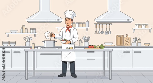 Chef preparing a delicious meal in a pristine professional kitchen.