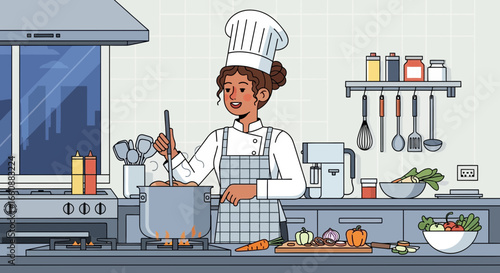 A smiling female chef stirring a pot in a professional kitchen environment, preparing food.