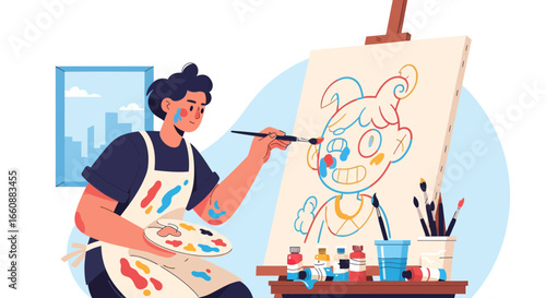 An artist, with a palette, painting a cartoon character on a canvas.