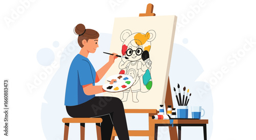 A woman artist meticulously paints a cartoon animal on a large canvas, surrounded by art supplies.