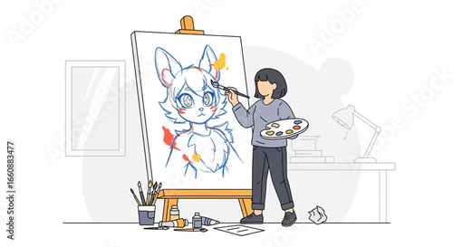 Young artist painting a furry creature portrait on an easel in her art studio.
