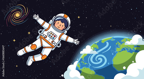 Joyful astronaut floats in space, arms outstretched, near Earth and a swirling galaxy.
