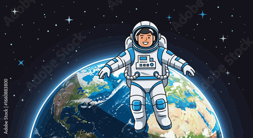 Cartoon astronaut floats in space above Earth, wearing a white and blue spacesuit, with stars visible in the background.