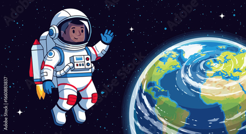 Cartoon astronaut waving hello in space, with the Earth visible in the background.