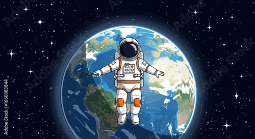 Astronaut floating in space with arms outstretched, Earth visible behind him against a starry background.