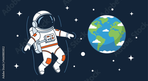 Astronaut floating in space near Earth, a cartoon illustration.