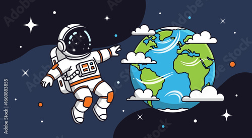 Astronaut gently reaching towards Earth, floating in space amidst stars and clouds.