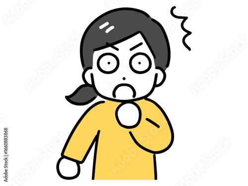 目を丸くして驚く私服の若い女性(上半身・正面)