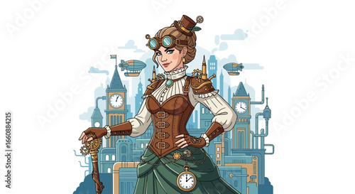 A stylish woman in steampunk attire poses confidently against an elaborate cityscape backdrop.