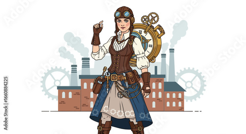 A steampunk woman in goggles and corset stands confidently, holding a key, with factory buildings and gears in the background.