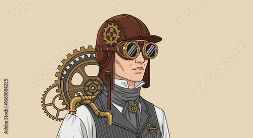 Portrait of a man in steampunk attire, featuring goggles, gears, and a brown hat.