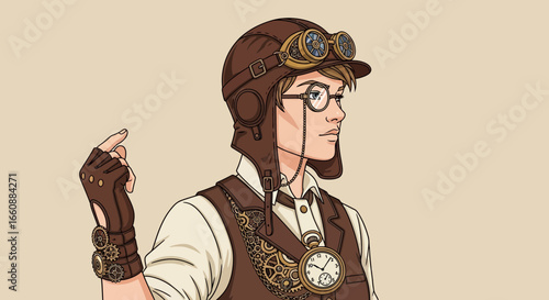 Steampunk-styled young person, aviator helmet, goggles, intricate clockwork details.
