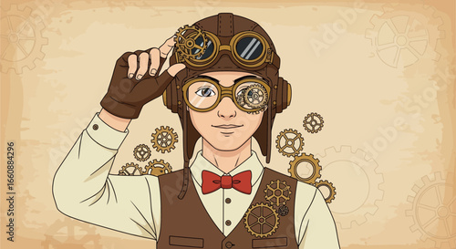 Steampunk-styled young man wearing aviator goggles and a hat, adjusting his eyewear with a confident expression, surrounded by floating gears on a vintage parchment background.
