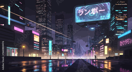 Futuristic cityscape at night, illuminated by neon lights, with a lone figure walking down a wet street.