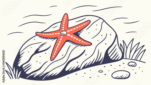 Vibrant red starfish resting on a rocky beach with ocean waves.