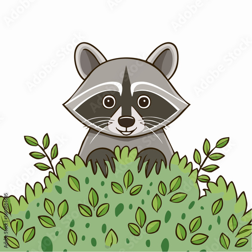A cartoon raccoon peeking from behind green leaves.