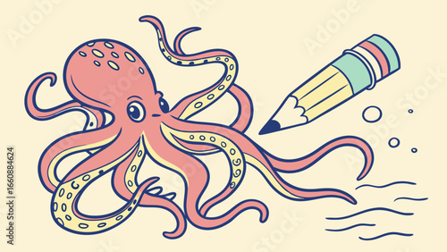 Colorful cartoon octopus with pencil illustration underwater scene.