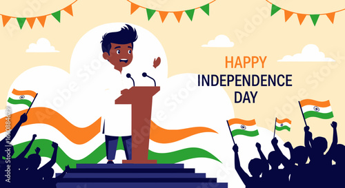 Young man delivers speech at Indian Independence Day celebration, enthusiastic crowd cheers with flags.