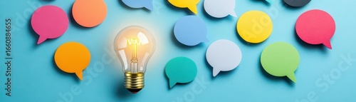 Colorful speech bubbles with a glowing light bulb symbolizing ideas communication and creativity on vibrant blue background with diverse discussion concepts