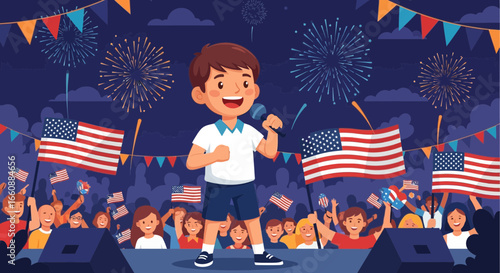 A young boy singing on stage, celebrating with an audience and fireworks.