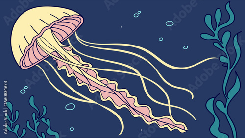 Vibrant jellyfish illustration with flowing tentacles underwater scene.