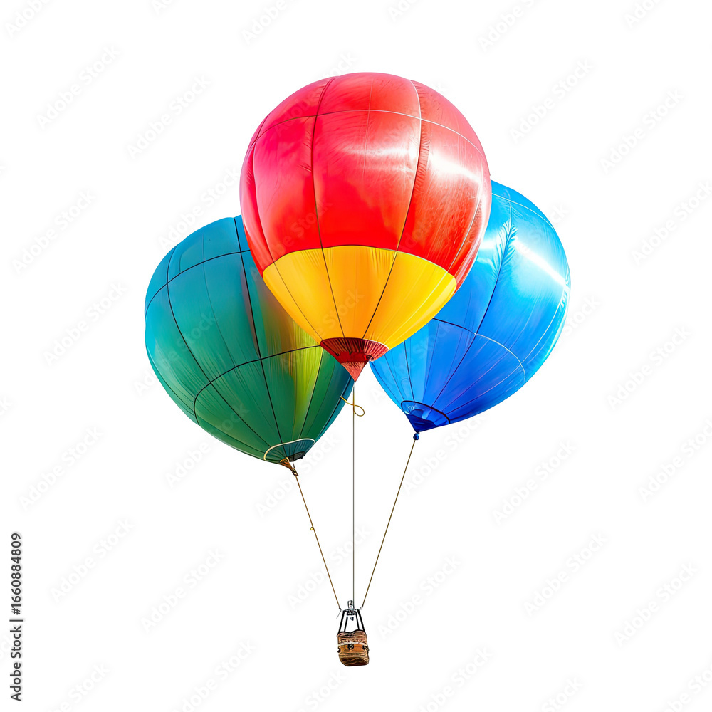 Fototapeta premium Three colorful hot air balloons, vibrant hues, isolated against black background