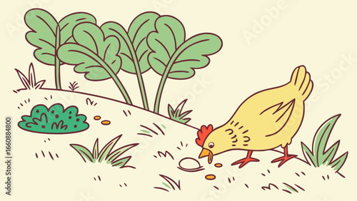 A cartoon chicken pecking at the ground near plants.
