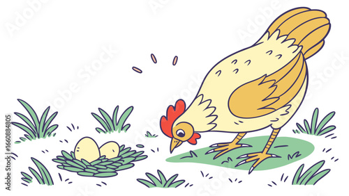 Cartoon illustration of a chicken near eggs in a nest.
