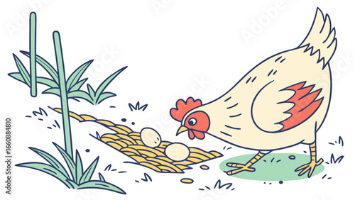 A cartoon hen standing next to a nest with eggs.