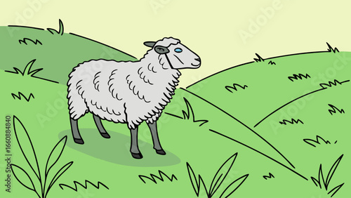 A cartoon sheep standing in a green field with grass and plants.