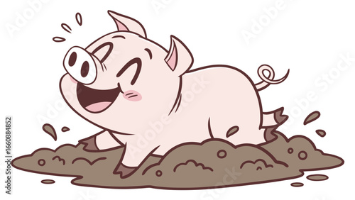 Happy cartoon pig playing in mud with joyful expression.