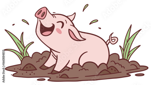 Happy cartoon pig playing in mud with grass around.