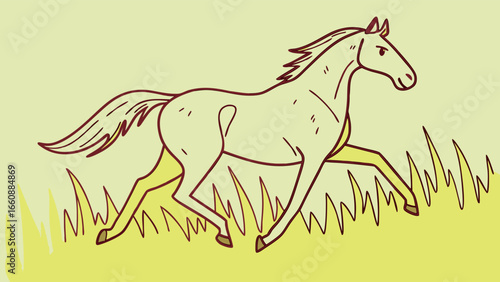 Simple line drawing of a horse running in a field.