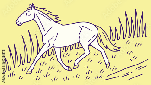 White horse running through a field of tall grass.