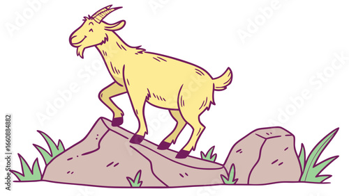 Cartoon goat standing on rocky terrain with grass.