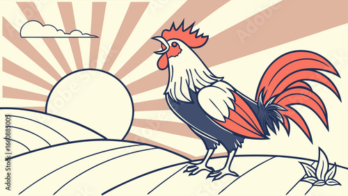Vibrant rooster standing on rolling hills at sunrise with stylized sunburst background.