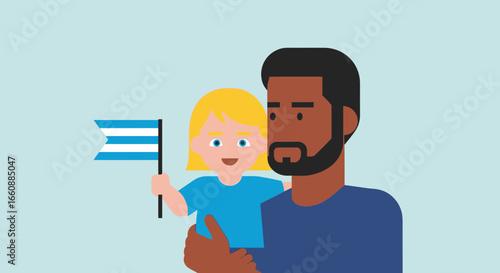 A father holding a child who is waving a flag with blue stripes.