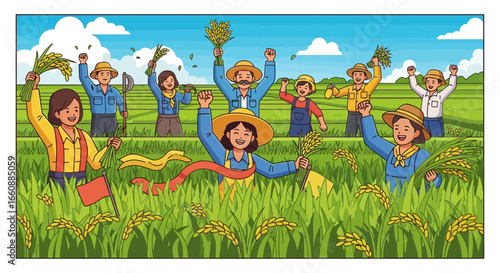 Happy farm workers celebrating a bountiful rice harvest.