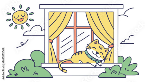 Cute cartoon cat sleeping on a sunny windowsill with yellow curtains, happy sun, and green bushes outside