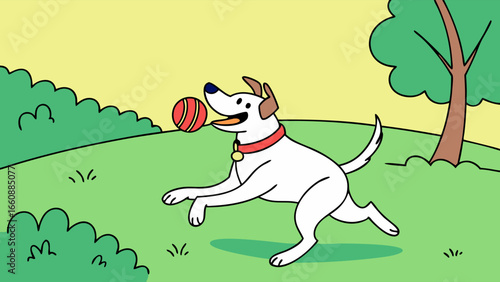 Cheerful cartoon dog playing fetch with a striped ball in a sunny green park. Active pet enjoying outdoor playtime illustration.
