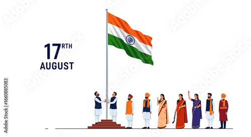 Indian flag hoisted, celebrating Independence Day, diverse people united.
