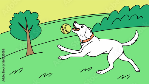 Playful white dog leaping to catch a ball in a green park, cheerful pet activity illustration